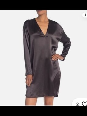 Vince Charcoal Satin V-Neck Long Sleeve Chemise